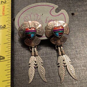 Vintage Southwest Style Sterling Silver Gemstone Inlay Heart & Feather Earrings